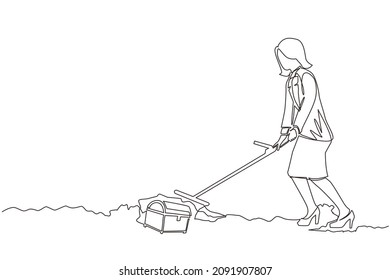 Single continuous line drawing businesswoman with metal detector looking for treasure chest. Woman treasure seeker with metal detector finding precious jewel. One line draw design vector illustration