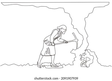 Single continuous line drawing businesswoman digging with pickaxe to get diamond. Worker digging and mining for diamond in an underground tunnel. Dynamic one line graphic design vector illustration