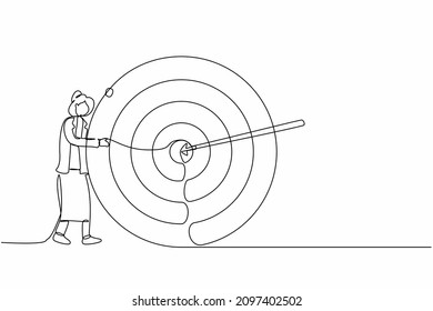 Single continuous line drawing businesswoman hugs and stands next to circle of target, arrow that hit target right in middle, analyze result of achievement within company. One line draw design vector