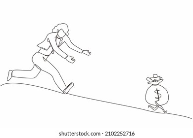 Single continuous line drawing businesswoman chasing money bag dollar run away. Concept of achieving goals and profits, striving for success, running for money. One line draw graphic design vector