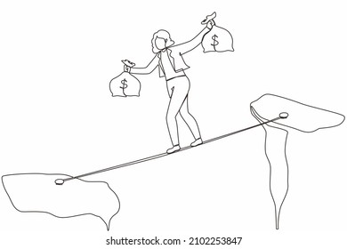 Single continuous line drawing businesswoman walk over cliff gap mountain carry two money bag risking dangerous. Female walking balance on rope bridge. One line draw graphic design vector illustration