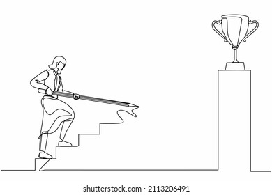 Single continuous line drawing businesswoman use huge pencil to draw rising up stairs, walk climbing up ladder, and try to reach trophy cup. Business development. One line draw graphic design vector