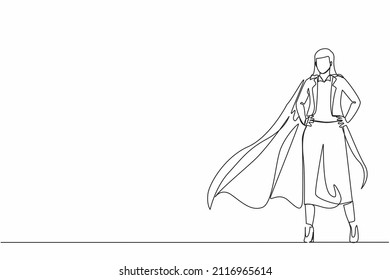 Single continuous line drawing businesswoman wearing superhero cloak. Full length of businessman dressed as superhero. Successful businesswoman superhero in cloak. One line draw graphic design vector