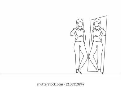 Single continuous line drawing businesswoman choosing blazer for business meeting  Woman trying clothes at home  Girl and style  Mirror and female reflection  One line draw graphic design vector