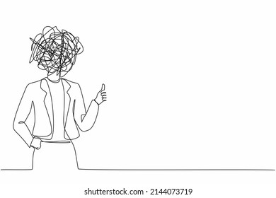 Single continuous line drawing businesswoman with round scribbles instead of a head. Female manager showing thumbs up sign. Deal, like, agree, approve, accept. One line draw design vector illustration
