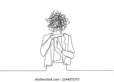 Single continuous line drawing businesswoman with round scribbles instead of head. Stop working, time break gesture, timeout signal. Pause. Nonverbal communication. One line draw graphic design vector