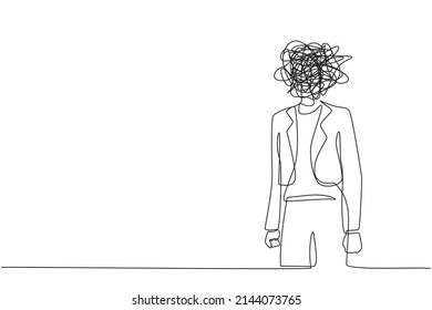 Single continuous line drawing businesswoman with round scribbles instead of head. Frustrated woman. Anxiety, confusion in thoughts. Chaos in head. Confusing process. One line graphic design vector