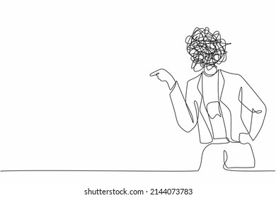 Single continuous line drawing businesswoman with round scribbles instead of head. Angry worker arguing, conflicting. Quarrel fight aggressive person. Female shouting. One line graphic design vector