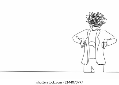Single continuous line drawing businesswoman with round scribbles instead of head. Confused female manager showing thumbs down sign, dislike, negative expression. One line draw graphic design vector