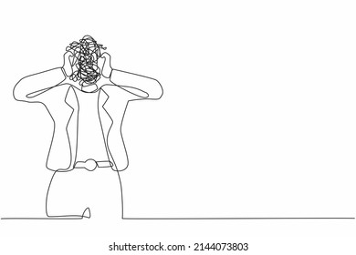 Single continuous line drawing businesswoman with round scribbles instead of a head. Confusion and mess feeling. Stressed woman working in office with problem. One line draw design vector illustration