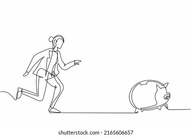 Single continuous line drawing businesswoman chasing piggy bank, trying to catch it and return his money. Financial crisis, ROI, return on investment business. One line draw design vector illustration