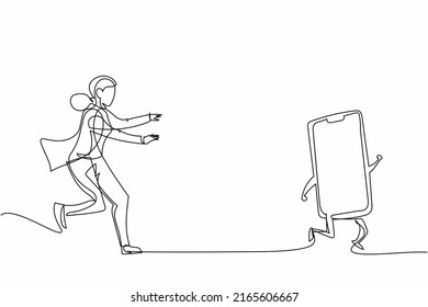 Single continuous line drawing businesswoman run chasing try to catch smartphone. Concept of talking, communication, technology, speaking. Business metaphor. One line draw design vector illustration