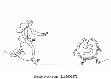 Single continuous line drawing businesswoman run chasing try to catch high performance attractive dollar coin. Chasing high performance active mutual fund. One line graphic design vector illustration