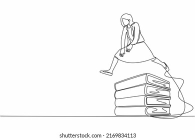 Single continuous line drawing businesswoman jumping over pile of big binders. Stack of paper work document. Management office supply, information classification. One line design vector illustration