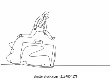 Single continuous line drawing businesswoman jumping over big briefcase. Manager diplomat conclude contracts and store financial information. Professional suitcase. One line design vector illustration