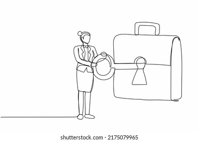Single continuous line drawing businesswoman put key into briefcase. Professional manager style. Invest portfolio, stock market management trading strategy. One line draw design vector illustration