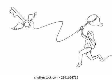 Single continuous line drawing businesswoman try to catching flying key with butterfly net. Losing key of success business project. Bankrupt company. One line draw graphic design vector illustration
