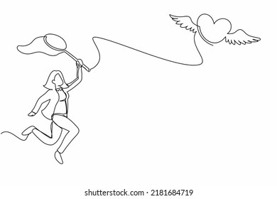 Single continuous line drawing businesswoman try to catching flying heart with butterfly net. Breakup concept. Relationship that can't be continued. One line draw graphic design vector illustration