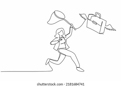 Single continuous line drawing businesswoman try to catching flying briefcase with butterfly net. Career path stalled due to the company's financial crisis. One line graphic design vector illustration