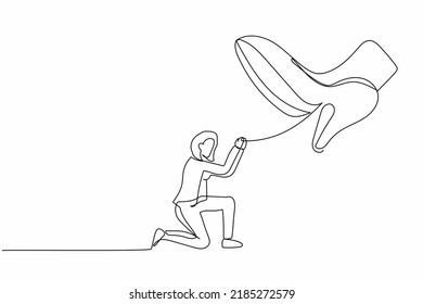 Single continuous line drawing businesswoman kneel down under giant feet. Concept for authority, exploitation, dictator figure. Minimalist metaphor. One line draw graphic design vector illustration