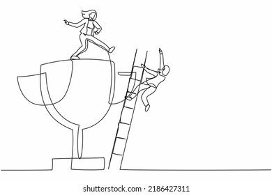Single continuous line drawing businesswoman kicking to make her rival falling down from the top ladder trophy of success. Cheating competitor or partner. One line graphic design vector illustration