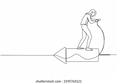 Single Continuous Line Drawing Businesswoman Standing On Firework Rocket And Ignite It To Boost Her Career Path. Advantage To Increase Company Growth. One Line Draw Graphic Design Vector Illustration