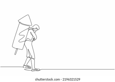 Single continuous line drawing businesswoman ignites big firework rocket attached to her back. Office worker prepare business advantage in career path. One line draw graphic design vector illustration