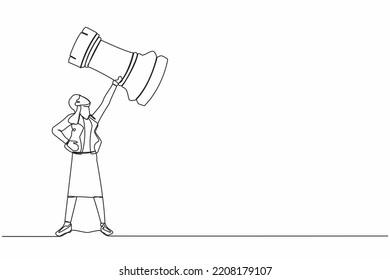 Single continuous line drawing businesswoman holding rook chess piece. Tactical advantage, successful entrepreneurship, tactics or business strategy. One line draw graphic design vector illustration