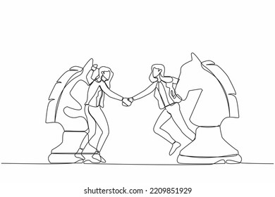 Single continuous line drawing businesswoman competitors standing on horse chess piece, handshaking after finish agreement. Partnership instead of confrontation in competition. One line design vector