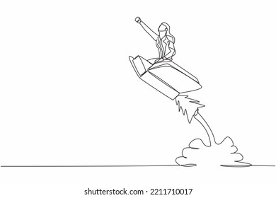 Single Continuous Line Drawing Businesswoman Riding Open Book Rocket Flying In Sky. Launch New Library At School. Increase Interest In Reading Smart Student. One Line Draw Design Vector Illustration