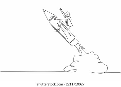 Single continuous line drawing businesswoman riding pencil rocket flying in sky. Creativity idea lead the way, education or knowledge help career development. One line draw design vector illustration - Shutterstock ID 2211710027
