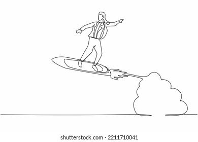 Single continuous line drawing businesswoman riding surfing board rocket flying in the sky. Wealthy entrepreneur. Launching dollar cash money waves project. One line graphic design vector illustration