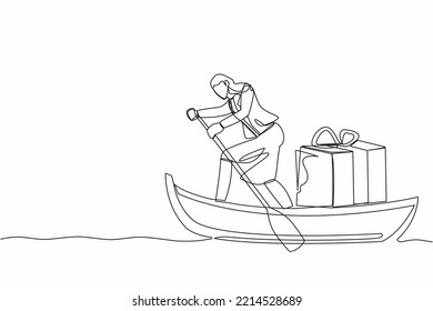 Single continuous line drawing businesswoman sailing away on boat with gift box. Year-end prizes for outstanding employees. Appreciation from company. One line draw graphic design vector illustration