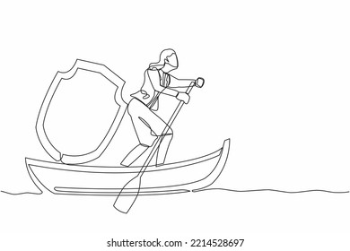 Single continuous line drawing businesswoman sailing away on boat with shield. Business protection and precaution financial crime. Security and insurance. One line graphic design vector illustration