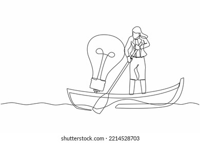 Single continuous line drawing of businesswoman sailing away on boat with light bulb. Success business idea, vision, and innovation for better company. One line draw graphic design vector illustration