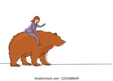Single continuous line drawing businesswoman rides on bear in stock market trading concept. stock market analysis, business and investment, stock exchange. Dynamic one line draw graphic design vector