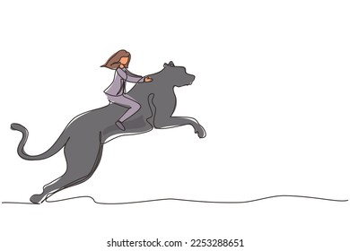 Single continuous line drawing businesswoman riding cheetah symbol of success. Business metaphor concept, looking at the goal, achievement, leadership. One line draw graphic design vector illustration