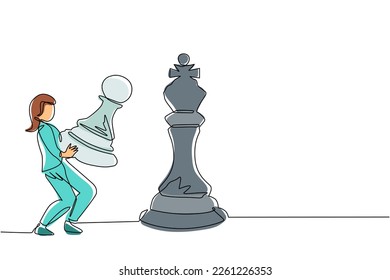 Single continuous line drawing businesswoman holding pawn chess piece to beat king chess. Strategic planning, business development strategy, tactics in entrepreneurship. One line draw design vector