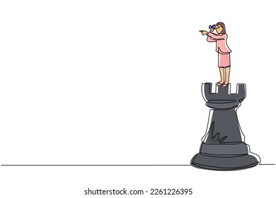 Single continuous line drawing businesswoman on top of big rook chess piece using telescope looking for success, opportunities, future business trends. One line draw graphic design vector illustration