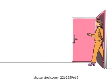 Single continuous line drawing businesswoman on white background walking through an open door frame. New business ventures. Entering new market. Career growth. One line draw graphic design vector