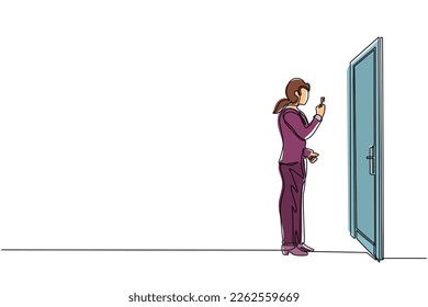 Single continuous line drawing businesswoman lifts key in front of door. Woman holding key to open office room door. Starting morning with spirit to work. One line graphic design vector illustration