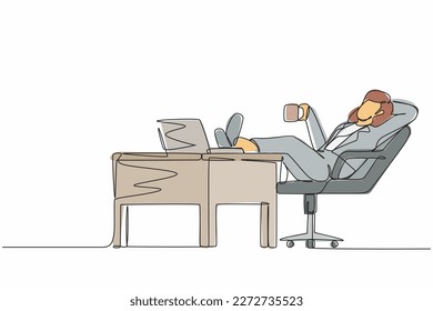 Single continuous line drawing businesswoman work relaxed at desk and drink cup of coffee. Flat design of employee character working with laptop computer. One line draw graphic vector illustration