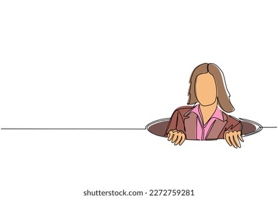 Single continuous line drawing businesswoman emerges from hole. Concept of failure to take advantage of business opportunities. Depressed and business failure. One line draw design vector illustration