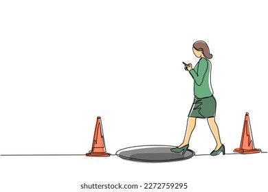 Single continuous line drawing businesswoman character going on street watching by smart phone, did not see open manhole. Woman walks to business trap. One line draw graphic design vector illustration