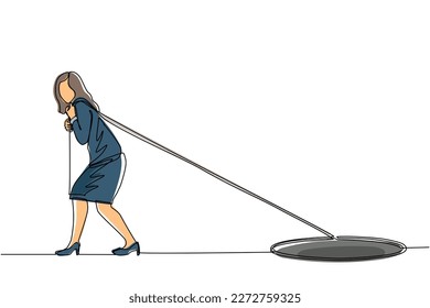 Single continuous line drawing businesswoman trying hard pulling rope to drag something from hole, metaphor to facing big problem. Business struggles. One line draw graphic design vector illustration