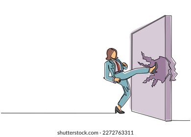 Single continuous line drawing businesswoman doing kung fu or karate kick to destroy brick wall. Business concept of obstacle and solution. Obstruction ruined with force. One line draw design vector