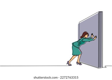Single continuous line drawing businesswoman pushing wall. Successful career and brainstorm, career growth and problem solution, smart idea, professional development concept. One line design vector