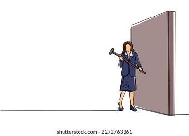 Single continuous line drawing businesswoman standing and holding big hammer while facing the wall. Goal achievement, business strategy. Successful overcoming of problems. One line draw design vector