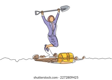 Single continuous line drawing businesswoman in hole prancing happily while lifting shovel with both hands, finding treasure chest. Lucky rich woman. One line draw graphic design vector illustration