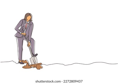 Single continuous line drawing businesswoman digging in dirt using shovel. Woman in blazer dig ground with spade. Business metaphor. Hard working process. One line graphic design vector illustration